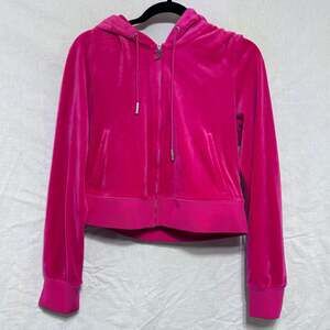 Barbiecore Juicy Couture  Bling Logo Hot Pink Velour Cropped Zip-Up Hoodie Large